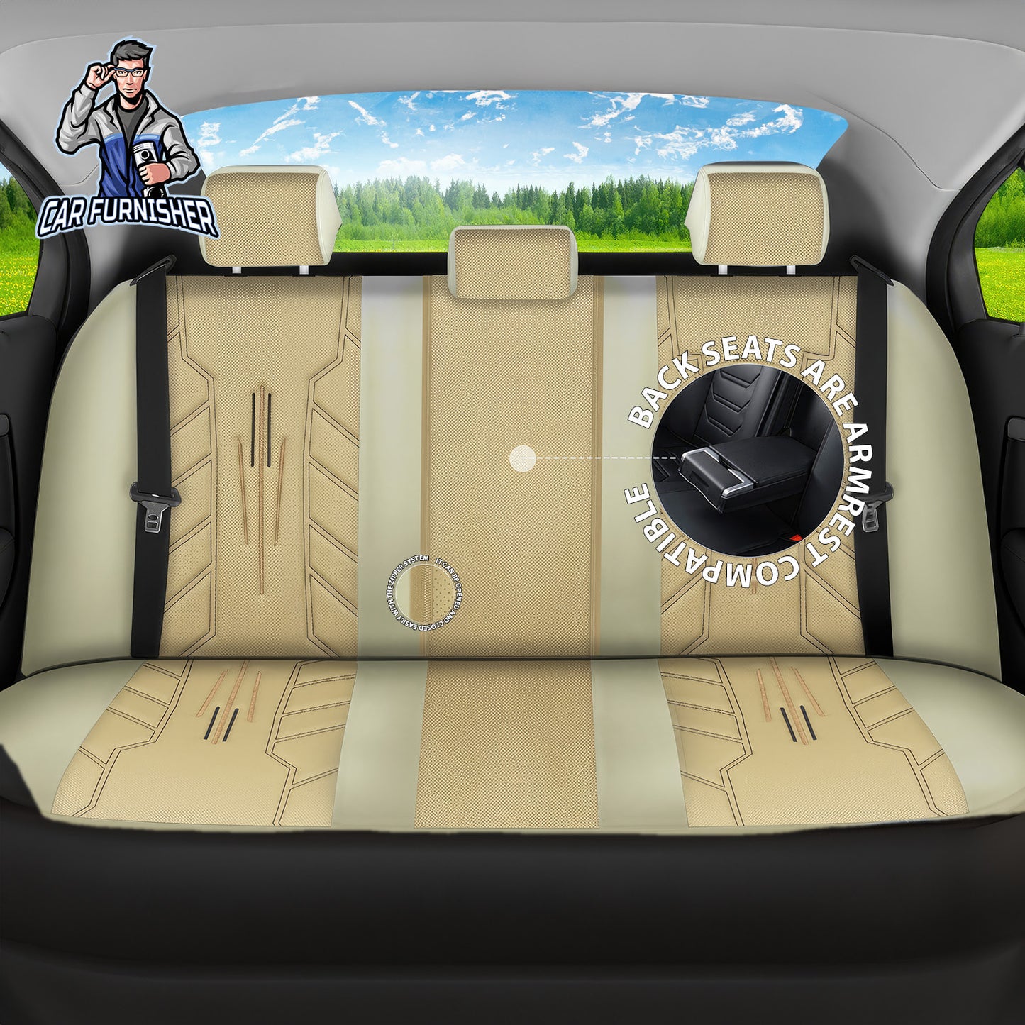 Car Seat Cover Set - FA Leather Design Beige 5 Seats + Headrests (Full Set) Leather & Lacoste Fabric