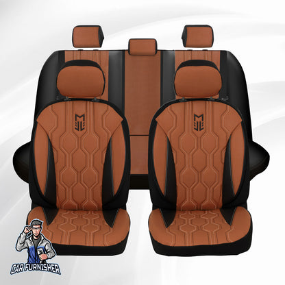 Car Seat Cover Set - FA Leather Design Brown 5 Seats + Headrests (Full Set) Leather & Lacoste Fabric