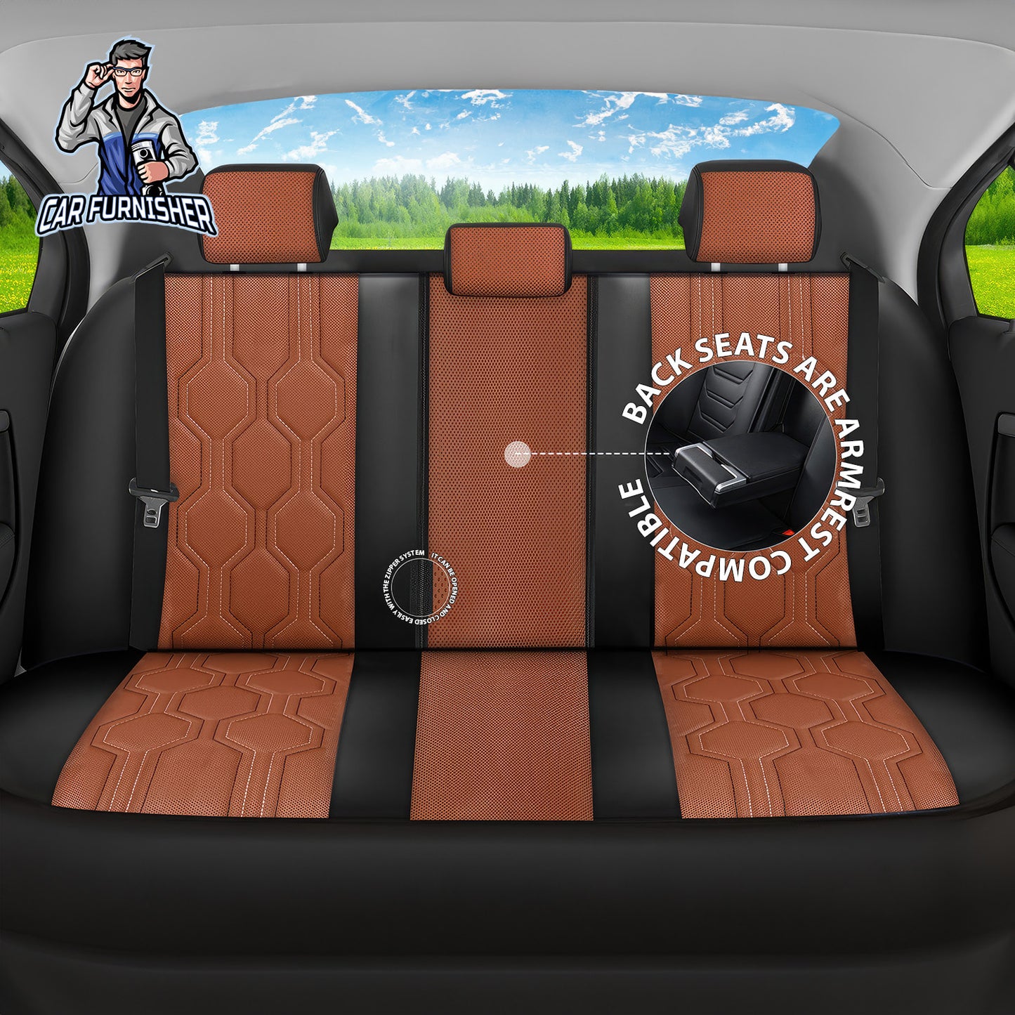 Car Seat Cover Set - FA Leather Design Brown 5 Seats + Headrests (Full Set) Leather & Lacoste Fabric