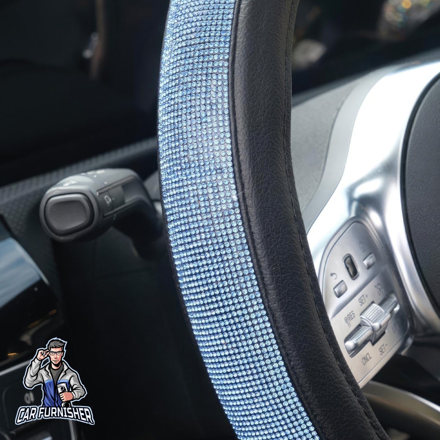 Sparkling Luxury Bling Steering Wheel Cover | Swarovski Crystals Blue Leather & Fabric