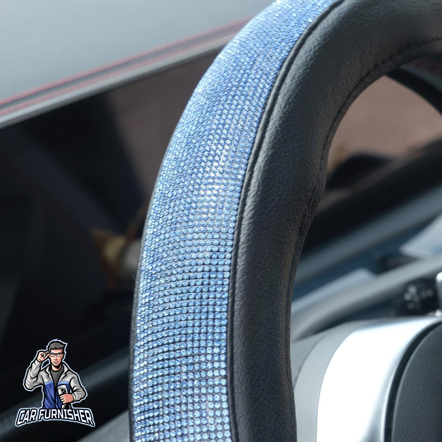 Sparkling Luxury Bling Steering Wheel Cover | Swarovski Crystals Blue Leather & Fabric