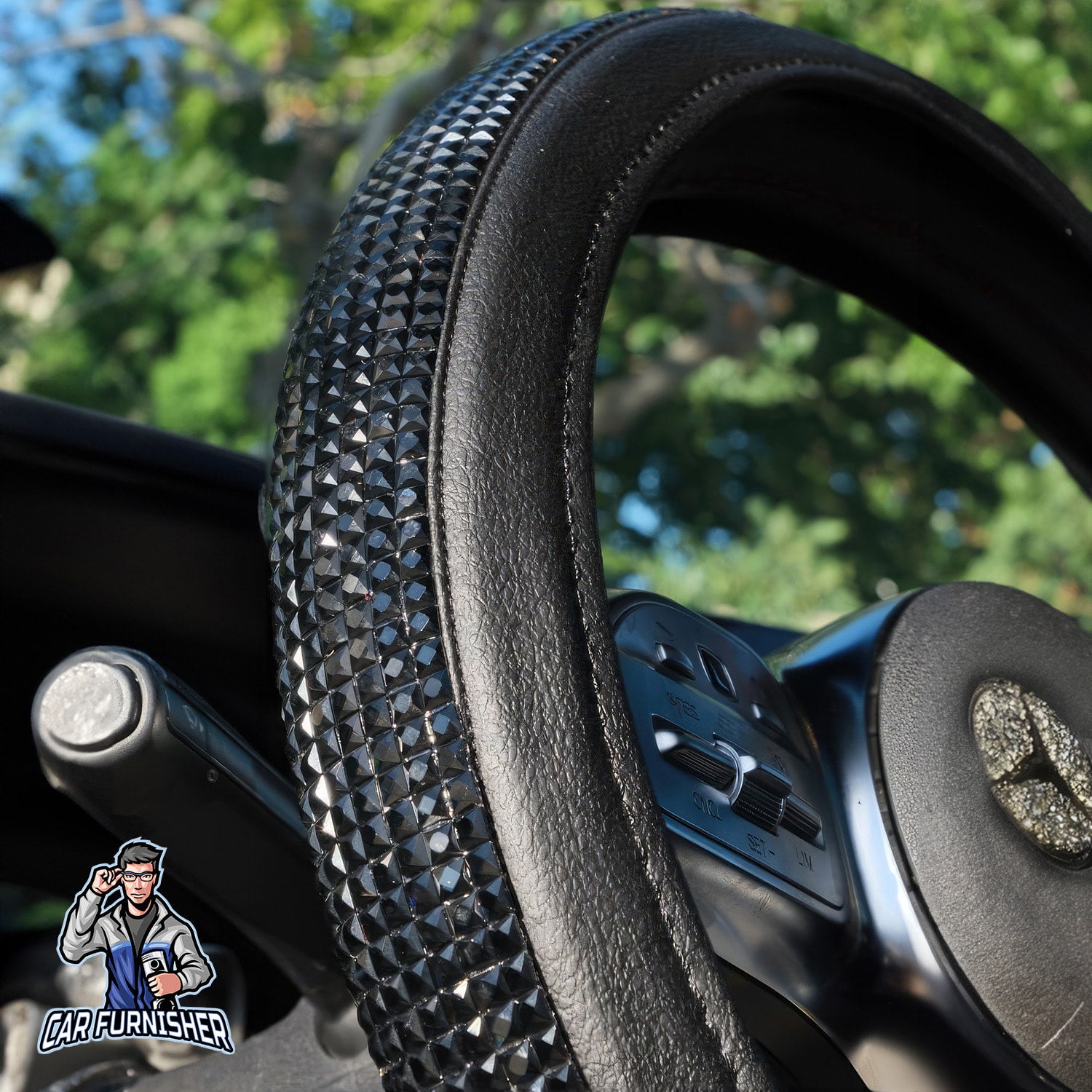 Sparkling Luxury Steering Wheel Cover | Swarovski Baguette Stones Black Leather & Fabric