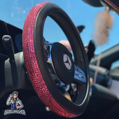Sparkling Luxury Steering Wheel Cover | Swarovski Baguette Stones Fuchsia Leather & Fabric