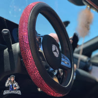 Thumbnail for Sparkling Luxury Steering Wheel Cover | Swarovski Baguette Stones Fuchsia Leather & Fabric