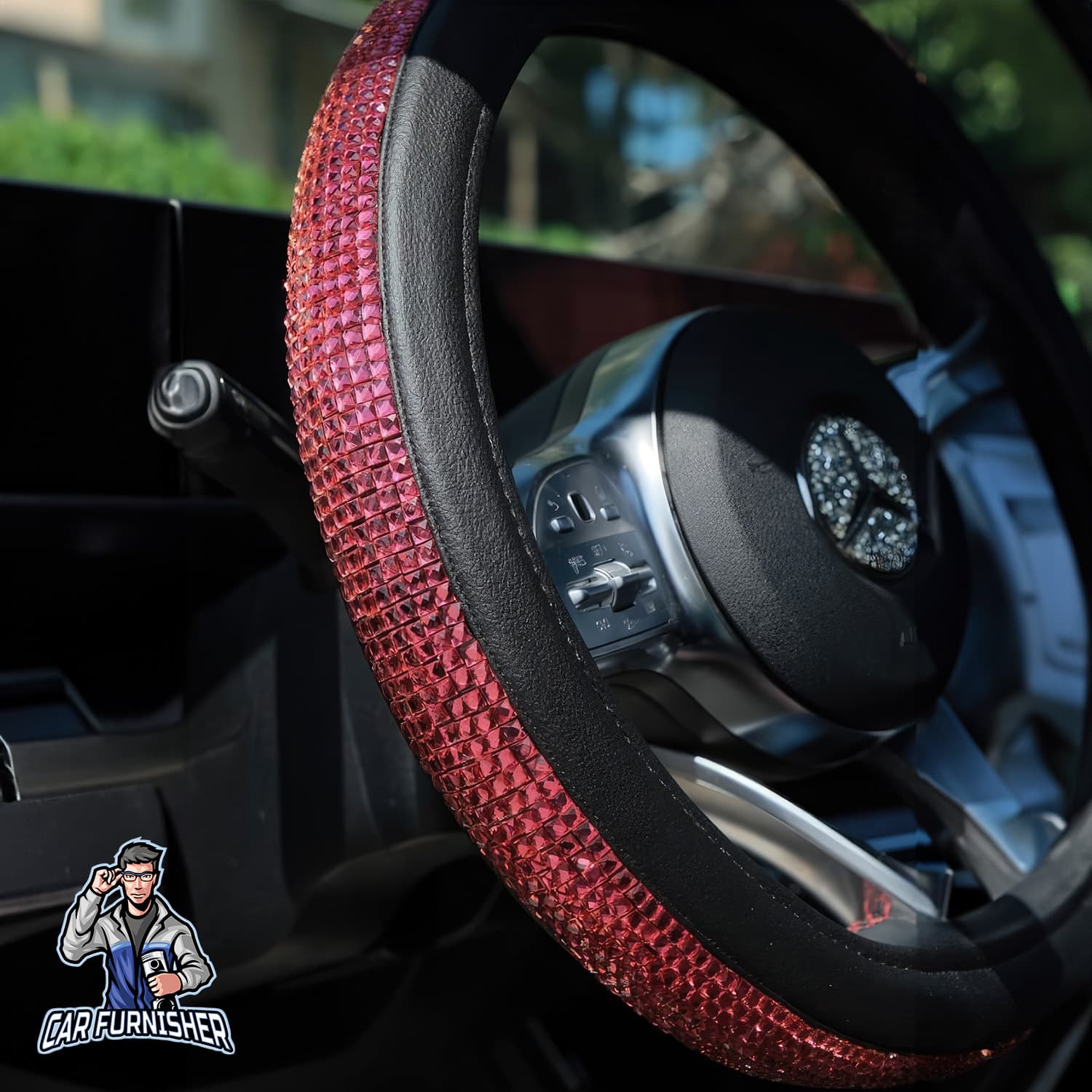Sparkling Luxury Steering Wheel Cover | Swarovski Baguette Stones Fuchsia Leather & Fabric