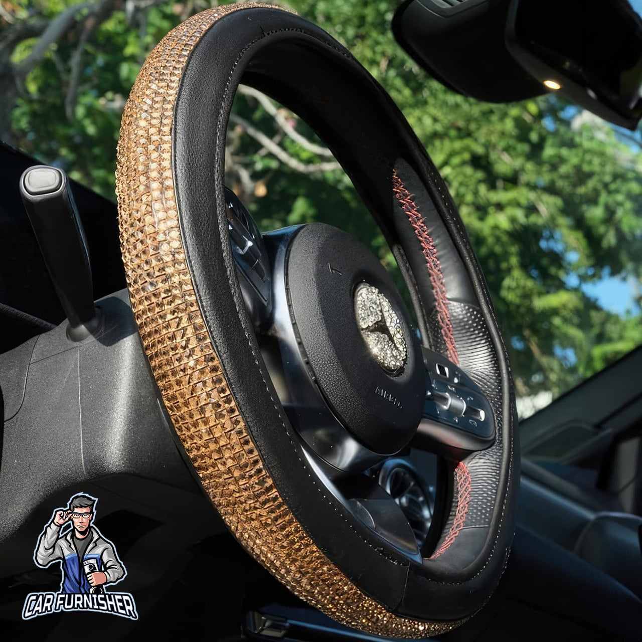 Sparkling Luxury Steering Wheel Cover | Swarovski Baguette Stones Gold Leather & Fabric