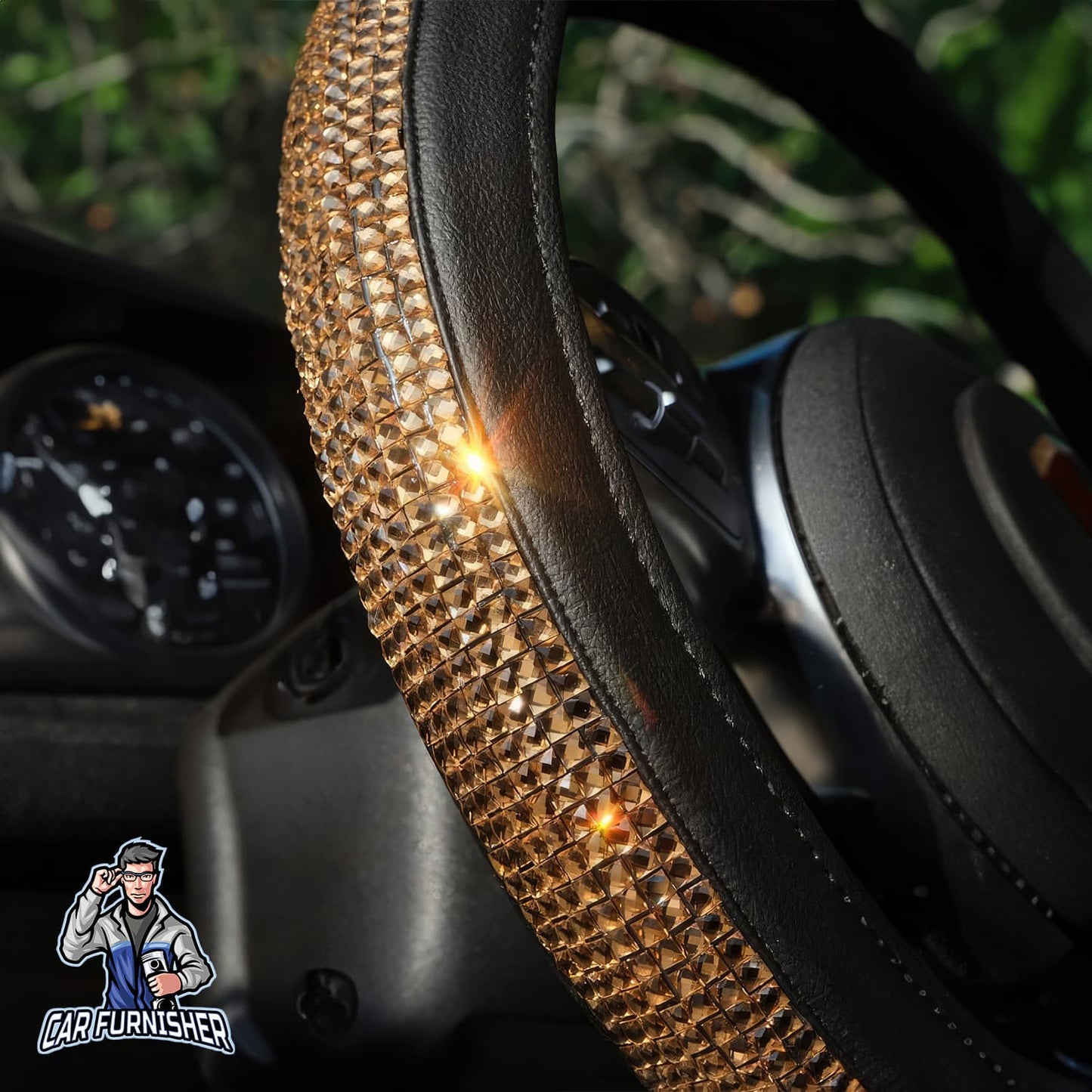 Sparkling Luxury Steering Wheel Cover | Swarovski Baguette Stones Gold Leather & Fabric