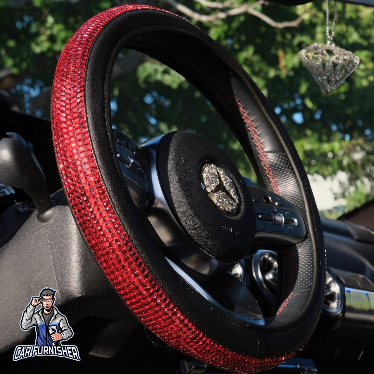 Sparkling Luxury Steering Wheel Cover | Swarovski Baguette Stones Red Leather & Fabric