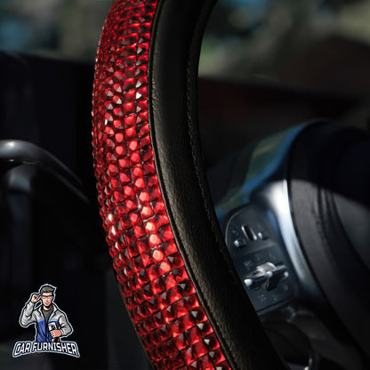 Sparkling Luxury Steering Wheel Cover | Swarovski Baguette Stones Red Leather & Fabric