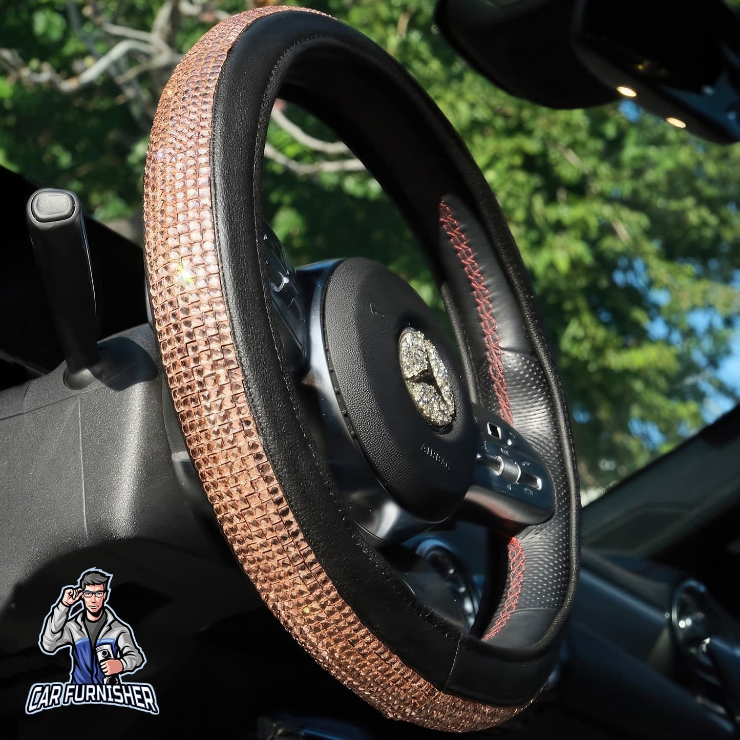 Sparkling Luxury Steering Wheel Cover | Swarovski Baguette Stones Rose Gold Leather & Fabric