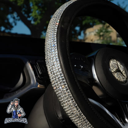 Sparkling Luxury Steering Wheel Cover | Swarovski Baguette Stones Silver Leather & Fabric