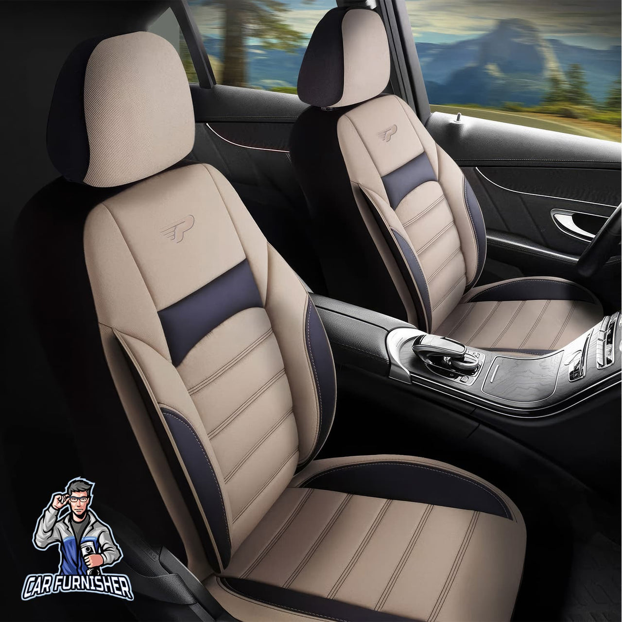 Audi Q5 Seat Covers Special Design Beige 5 Seats + Headrests (Full Set) Leather & Jacquard Fabric