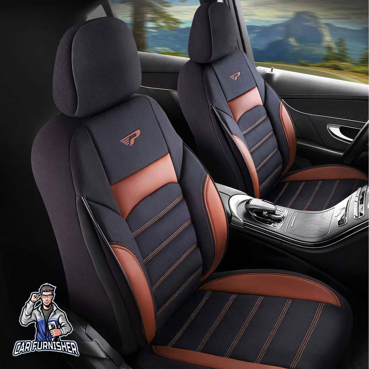 Audi Q5 Seat Covers Special Design Brown 5 Seats + Headrests (Full Set) Leather & Jacquard Fabric