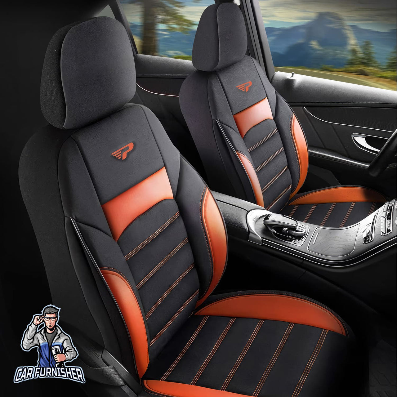 Renault Clio Seat Covers Special Design Orange 5 Seats + Headrests (Full Set) Leather & Jacquard Fabric