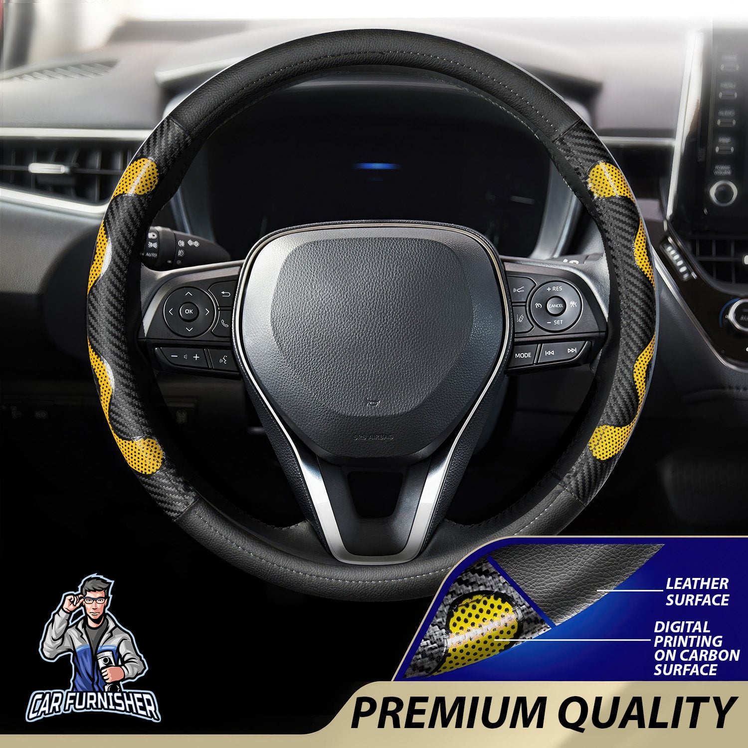 Steering Wheel Cover - Carbon & Leather Yellow Leather & Carbonfiber