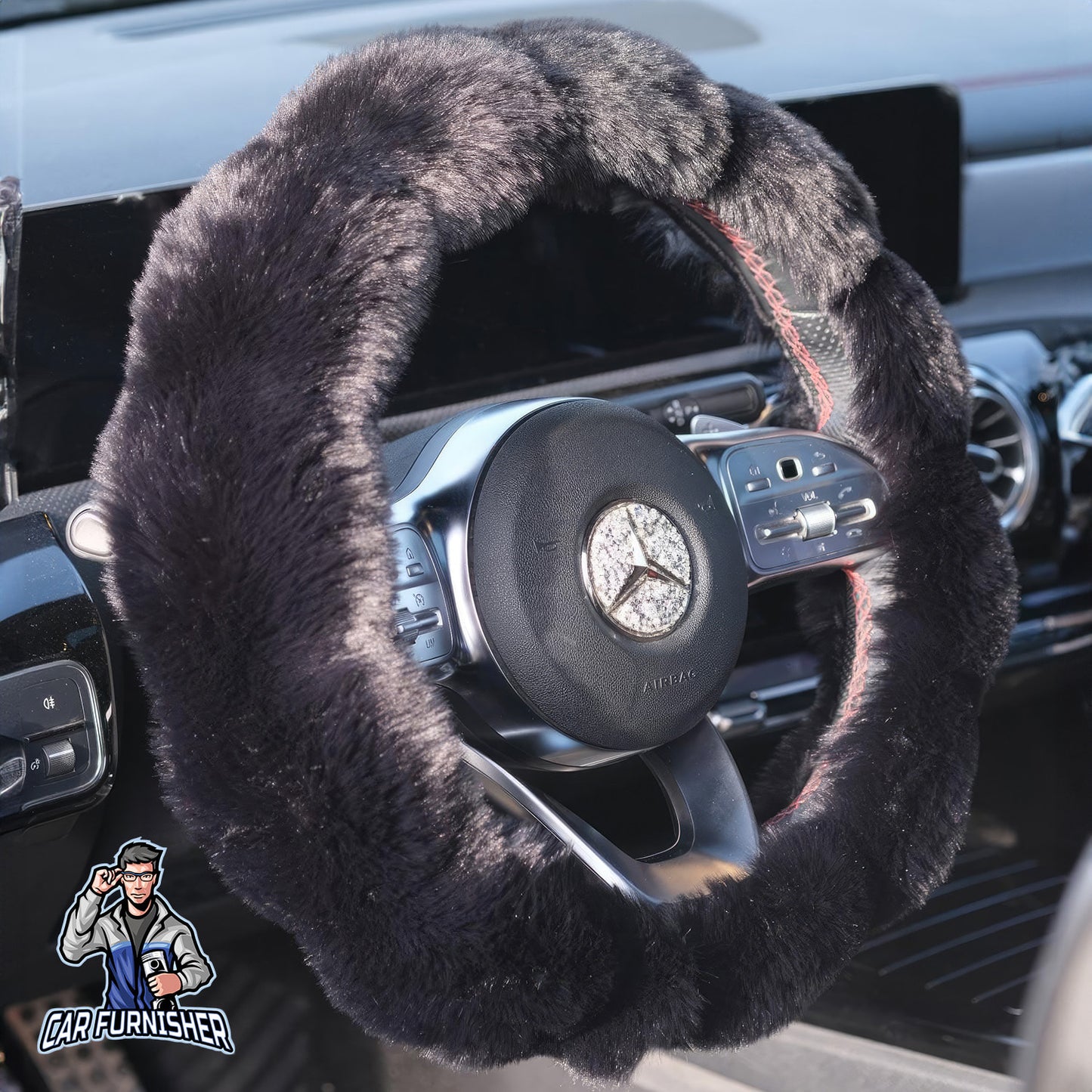 Steering Wheel Cover - Plush Daisy Design Black Fabric