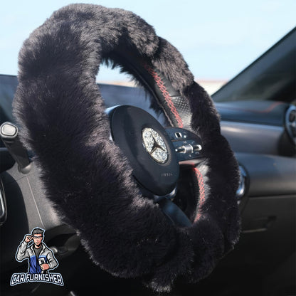 Steering Wheel Cover - Plush Daisy Design Black Fabric