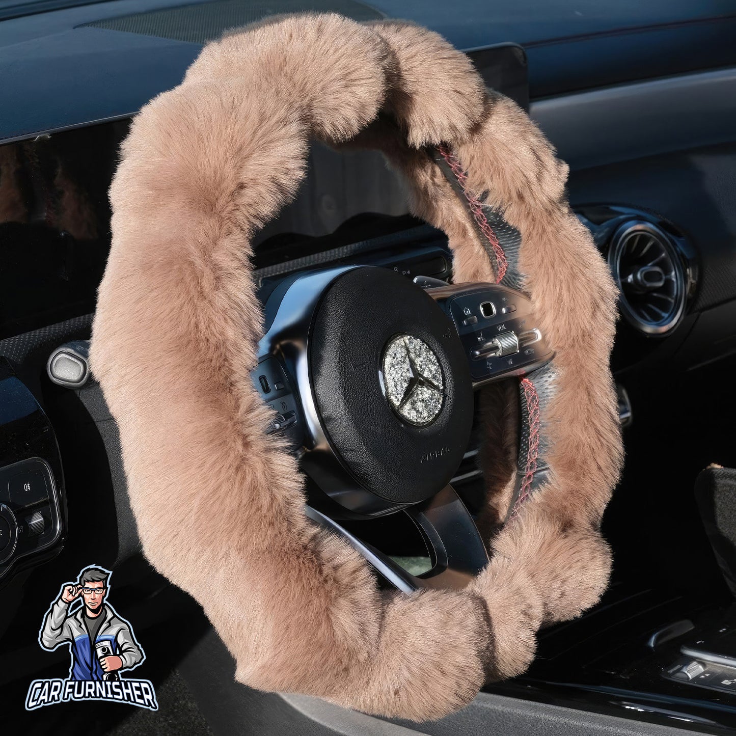 Steering Wheel Cover - Plush Daisy Design Brown Fabric