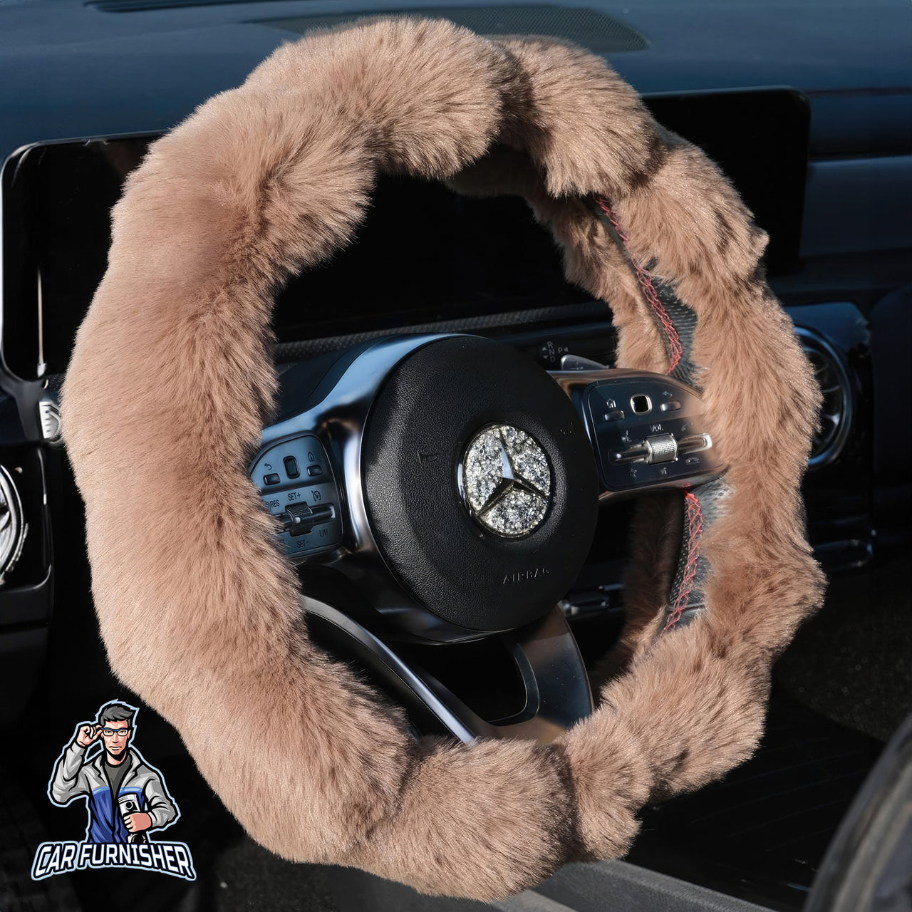 Steering Wheel Cover - Plush Daisy Design Brown Fabric