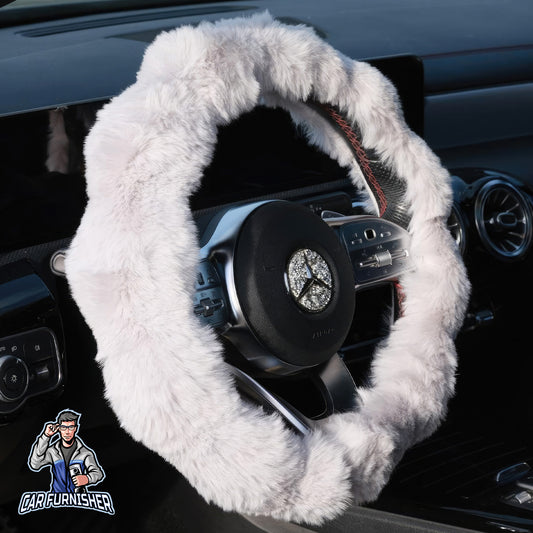 Steering Wheel Cover - Plush Daisy Design White Fabric
