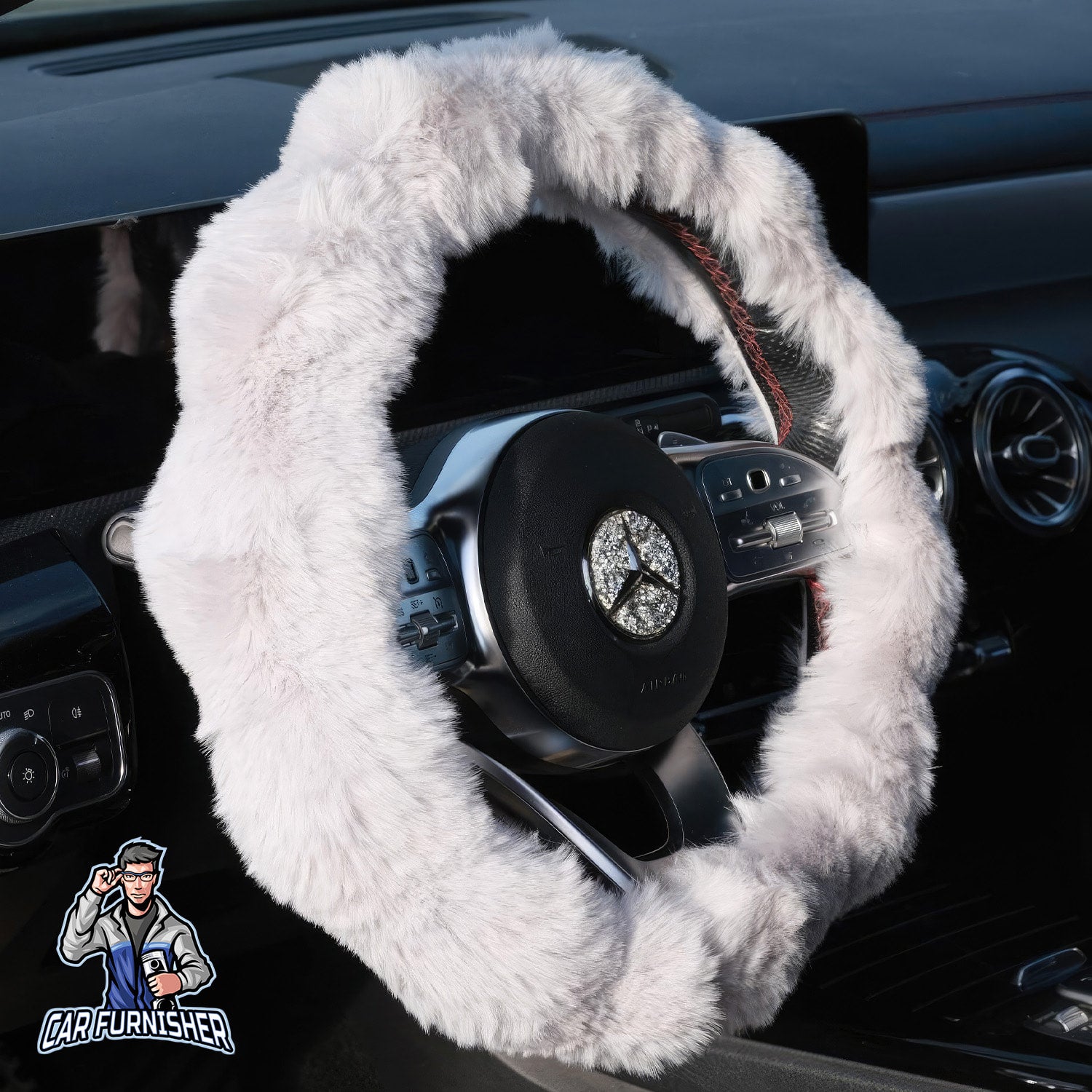 Steering Wheel Cover - Plush Daisy Design White Fabric