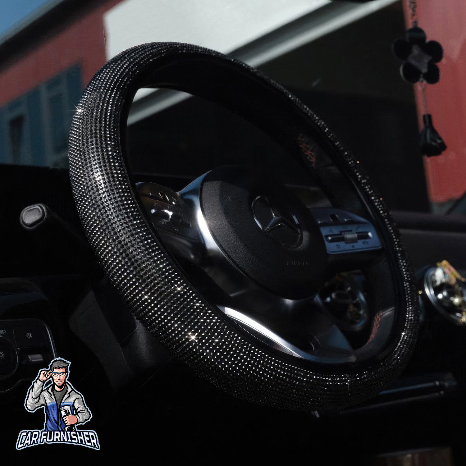 Steering Wheel Cover - Full Stone Shiny Look Black Leather & Fabric