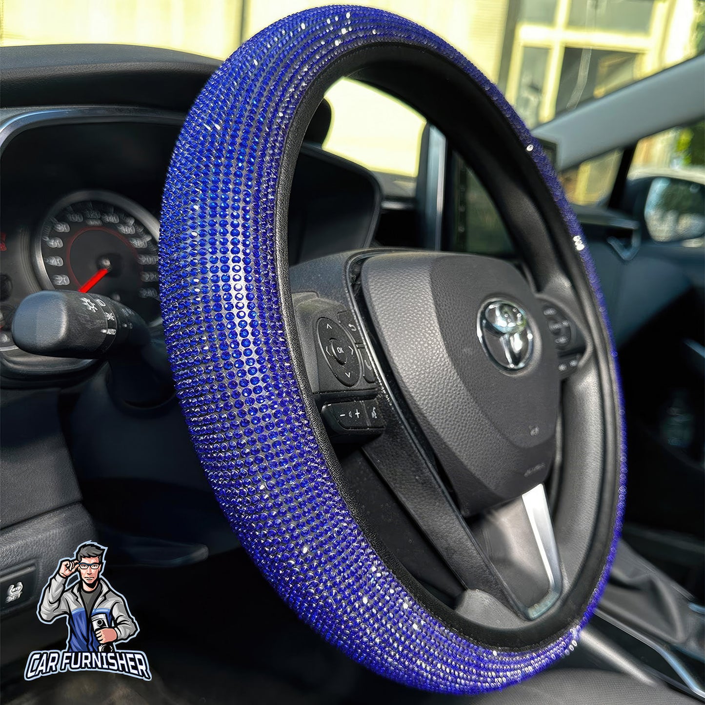 Steering Wheel Cover - Full Stone Shiny Look Blue Leather & Fabric