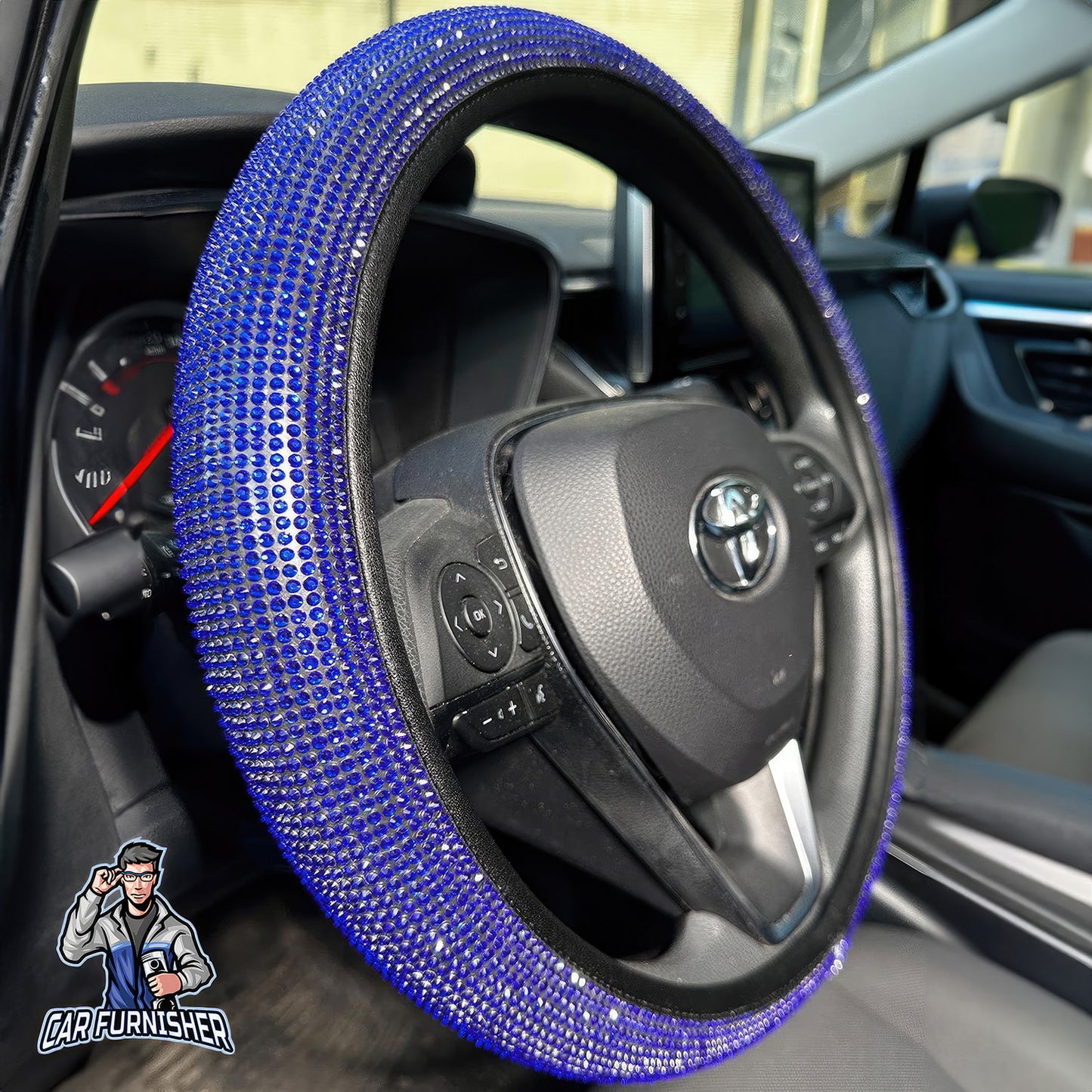 Steering Wheel Cover - Full Stone Shiny Look Blue Leather & Fabric