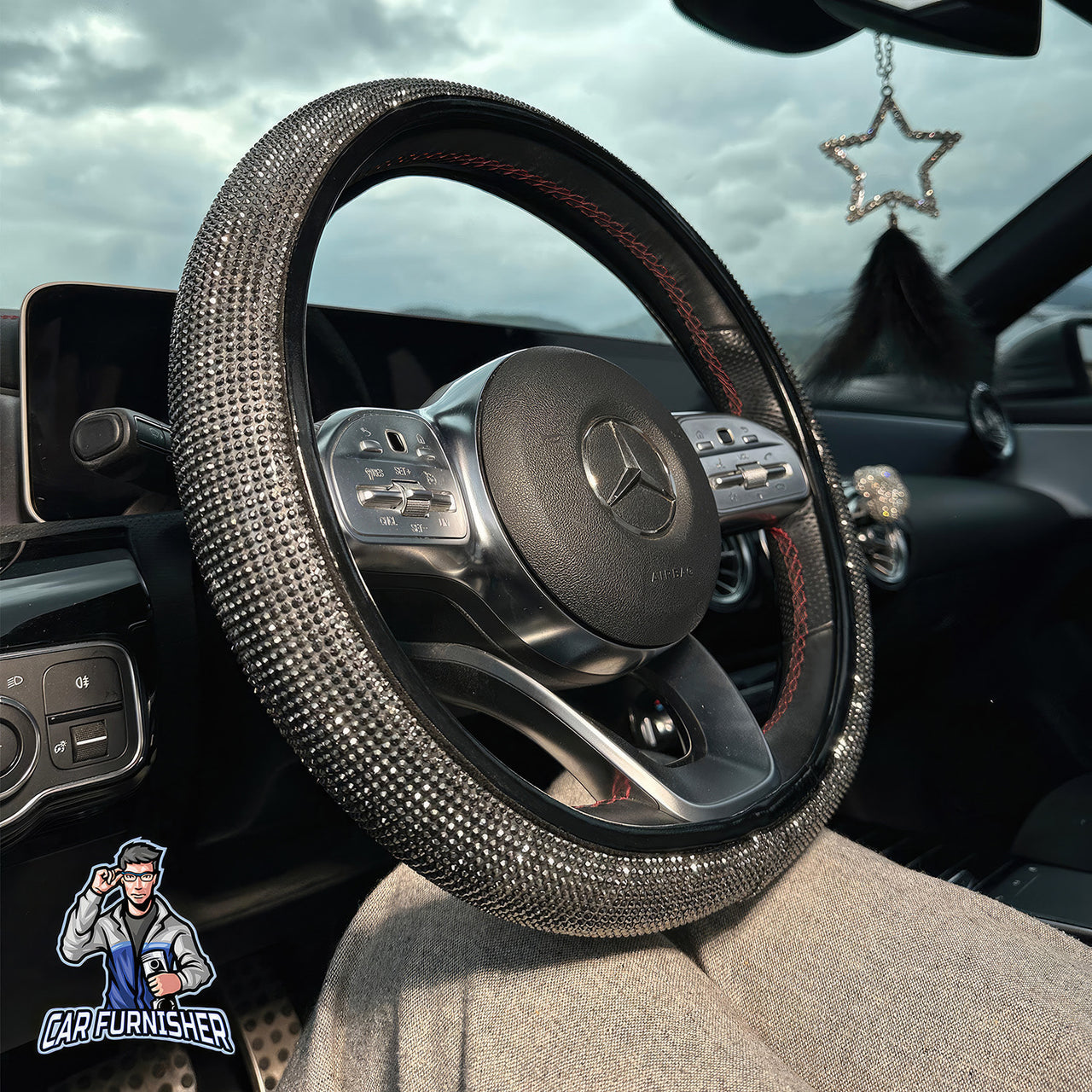 Steering Wheel Cover - Full Stone Shiny Look Gray Leather & Fabric