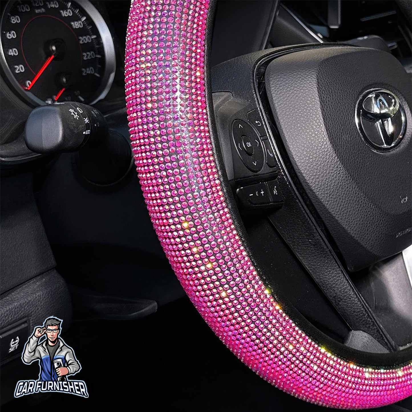 Steering Wheel Cover - Full Stone Shiny Look Pink Leather & Fabric
