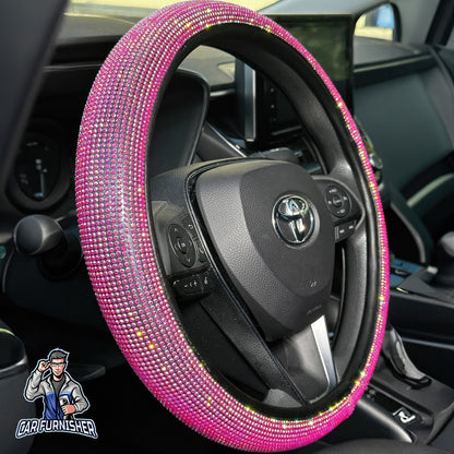 Steering Wheel Cover - Full Stone Shiny Look Pink Leather & Fabric