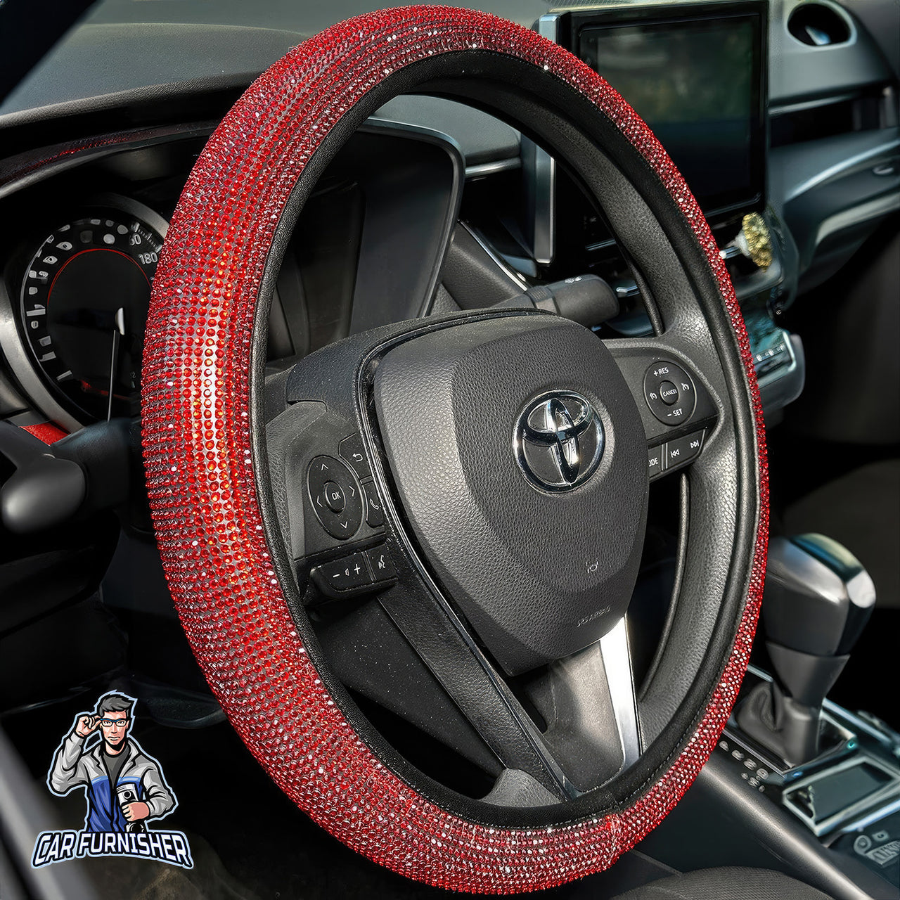 Steering Wheel Cover - Full Stone Shiny Look Red Leather & Fabric