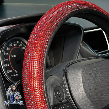 Steering Wheel Cover - Full Stone Shiny Look Red Leather & Fabric