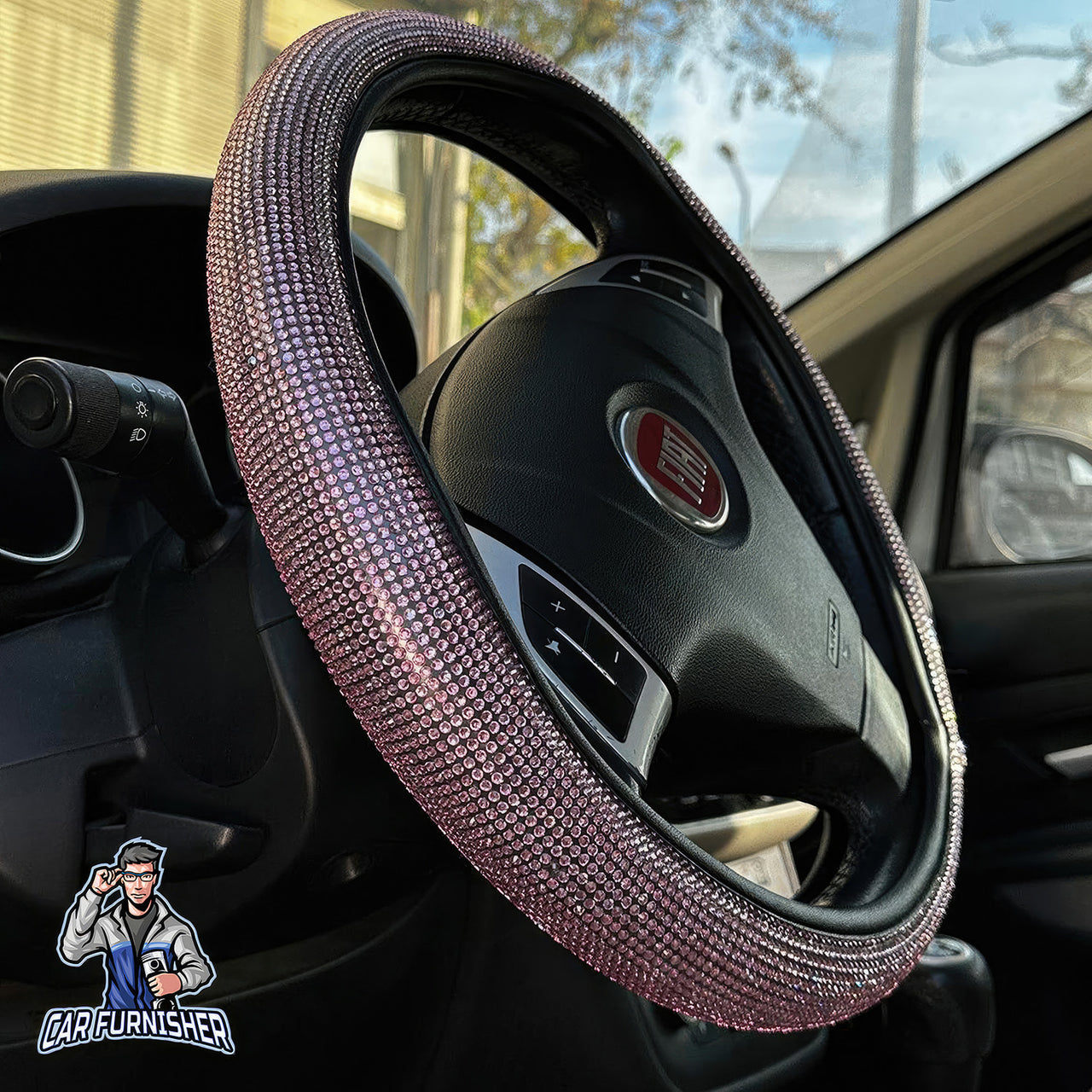 Steering Wheel Cover - Full Stone Shiny Look Rose Gold Leather & Fabric