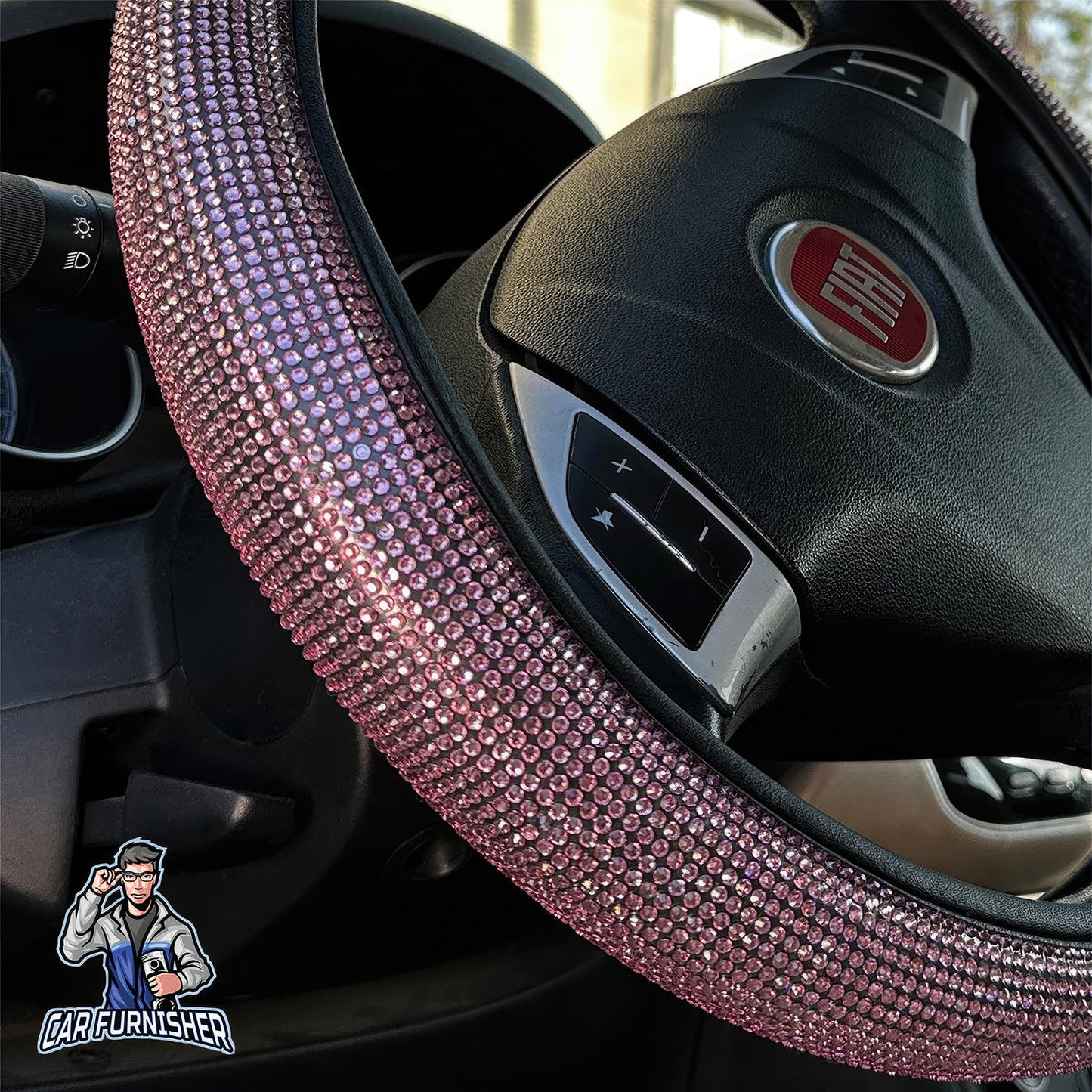 Steering Wheel Cover - Full Stone Shiny Look Rose Gold Leather & Fabric