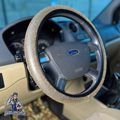 Steering Wheel Cover - Full Stone Shiny Look Gold Leather & Fabric