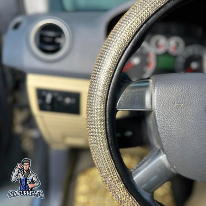 Steering Wheel Cover - Full Stone Shiny Look Gold Leather & Fabric