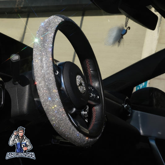 Steering Wheel Cover - Full Swarovski Stone Silver Leather & Fabric