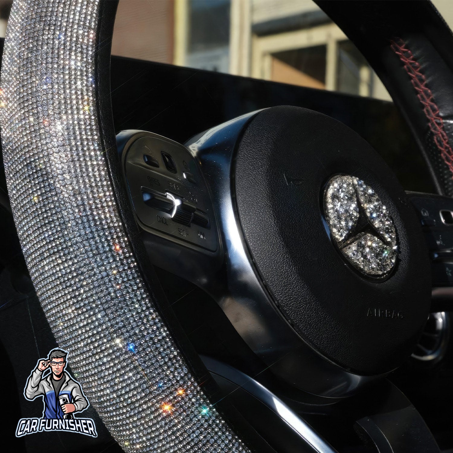 Steering Wheel Cover - Full Swarovski Stone Silver Leather & Fabric