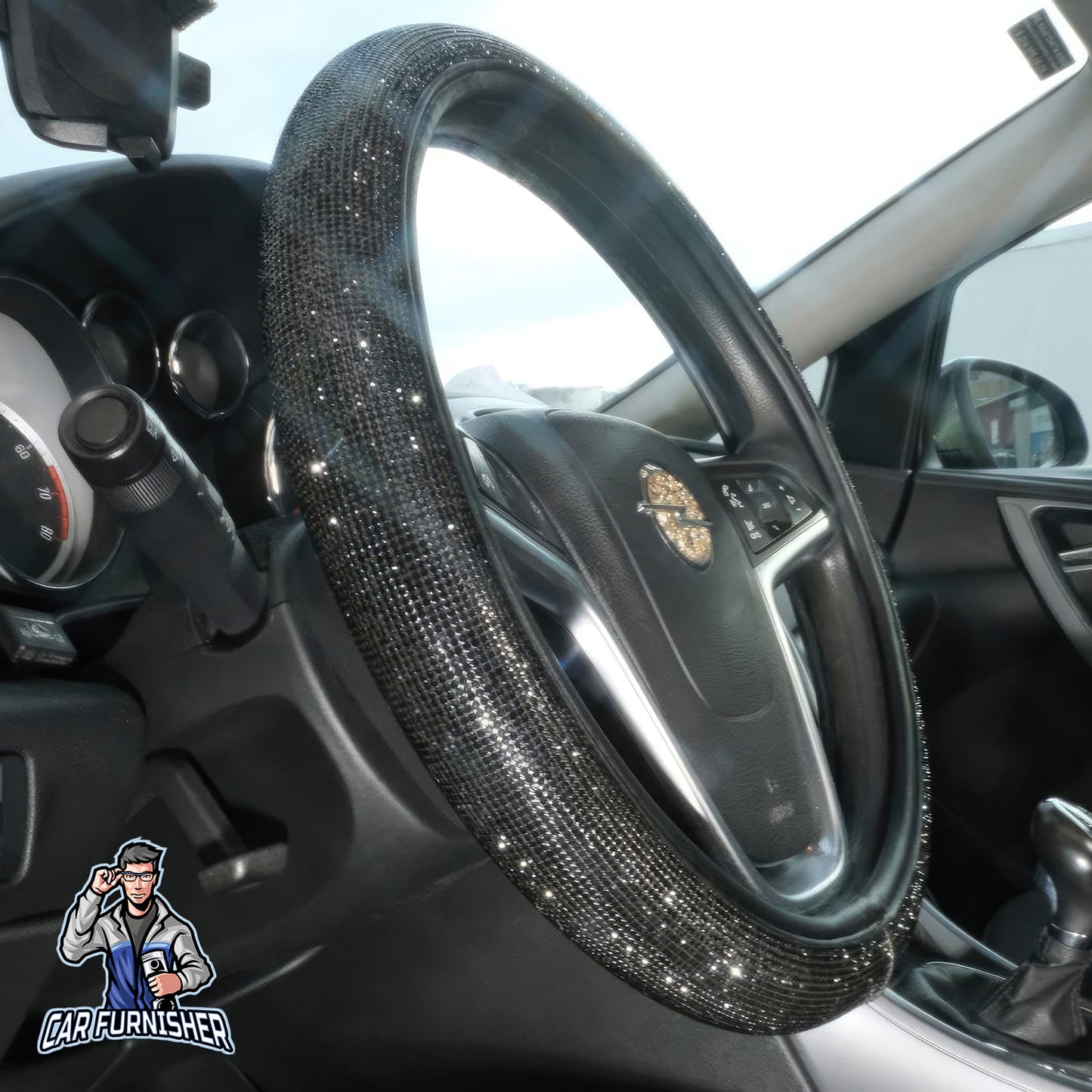 Steering Wheel Cover - Full Swarovski Stone Black Leather & Fabric