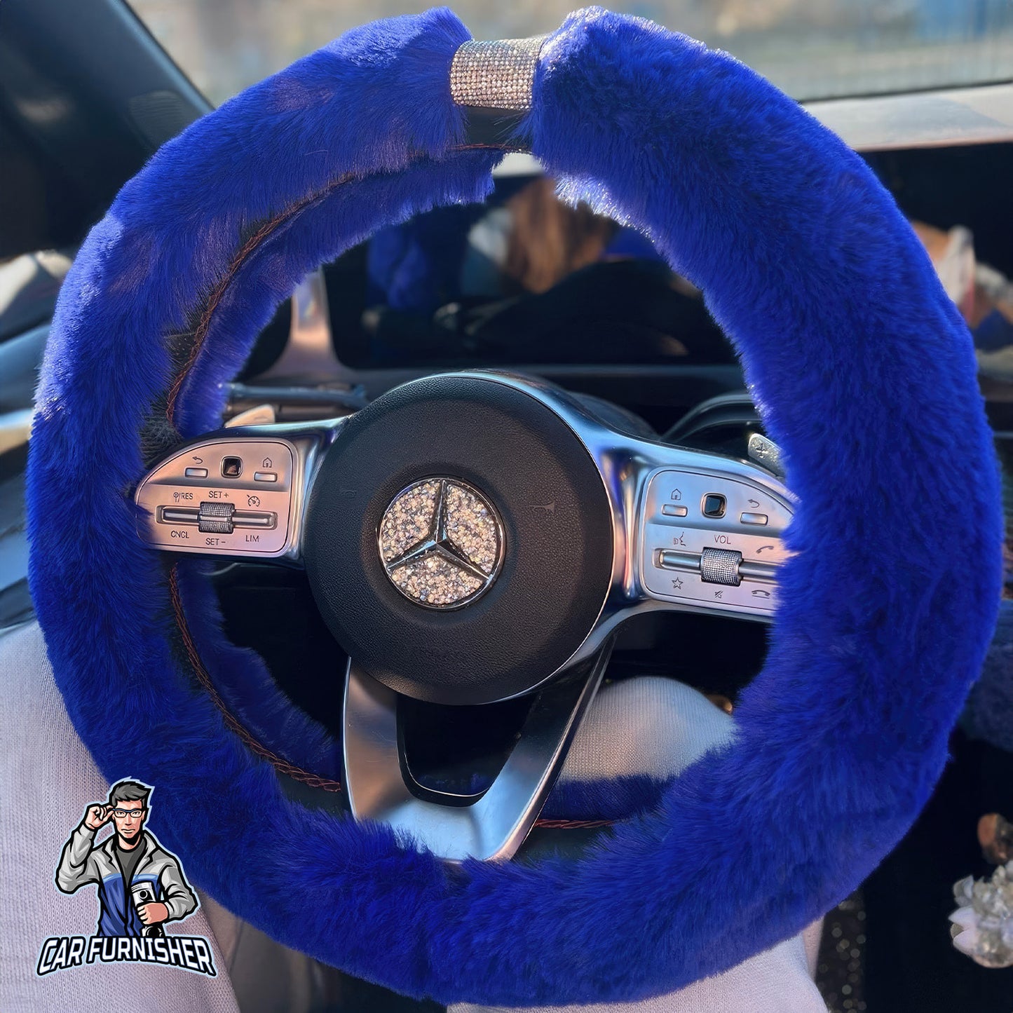 Steering Wheel Cover - Fur Silver Stone Striped Blue Fabric