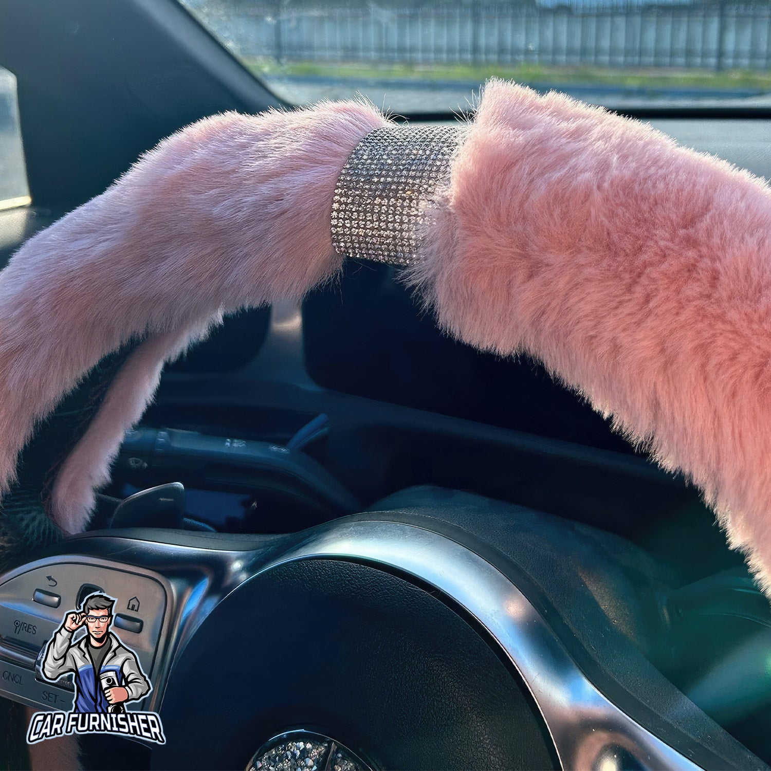 Steering Wheel Cover - Fur Silver Stone Striped Pink Fabric