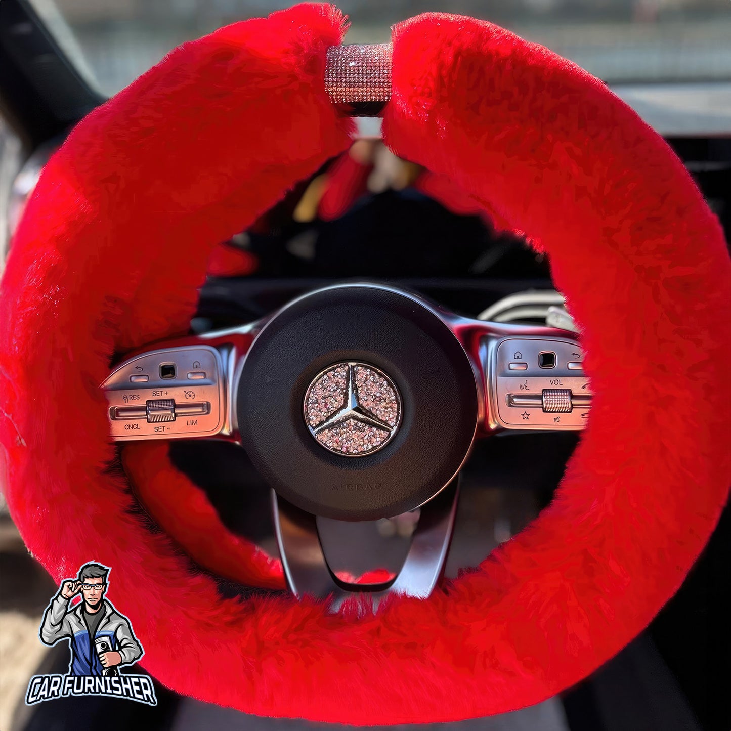 Steering Wheel Cover - Fur Silver Stone Striped Red Fabric