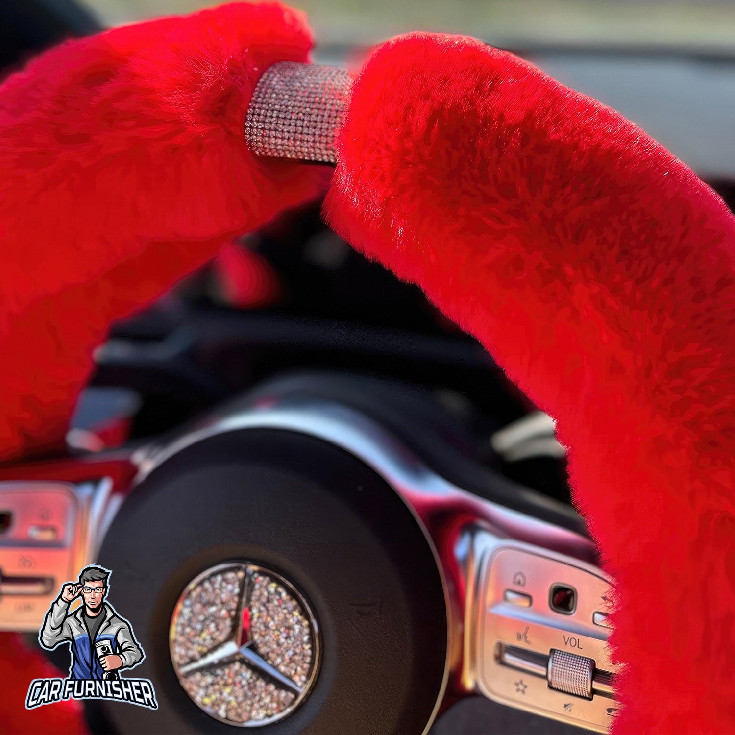 Steering Wheel Cover - Fur Silver Stone Striped Red Fabric