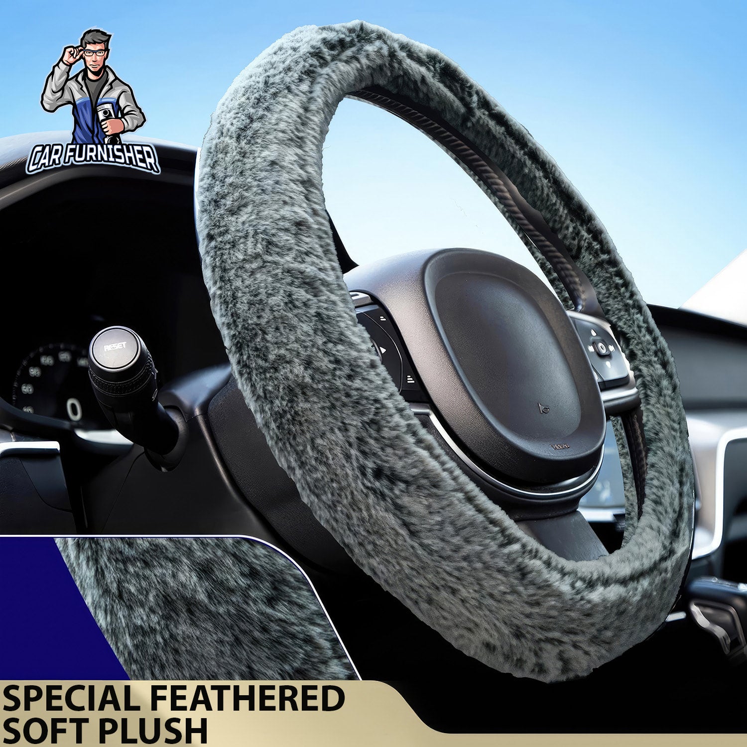 Steering Wheel Cover - Furry Plush Gray Fabric