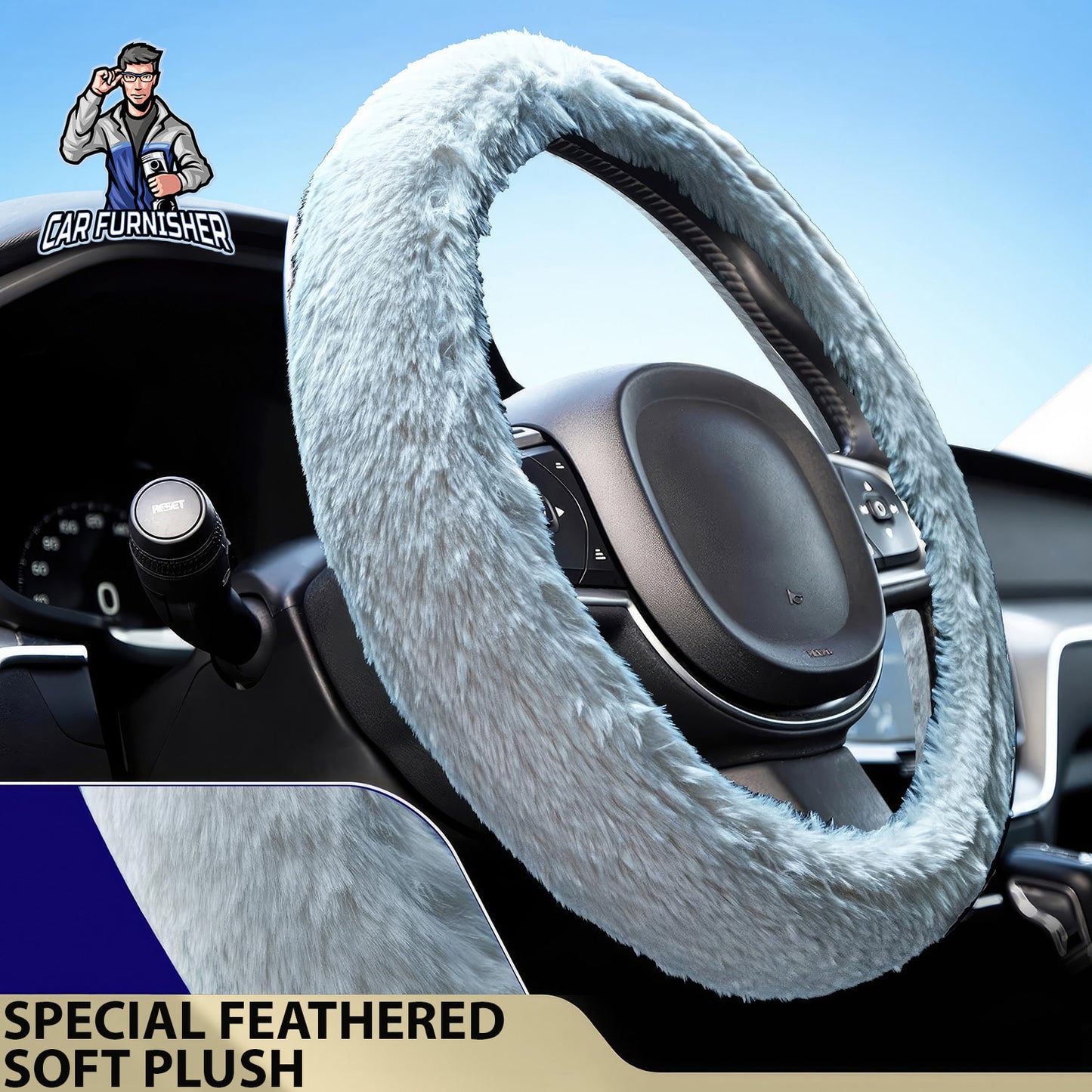 Steering Wheel Cover - Furry Plush White Fabric