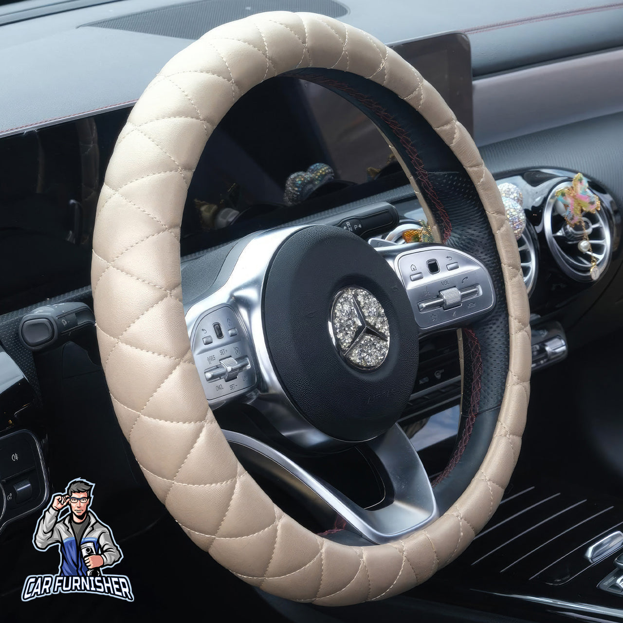 Steering Wheel Cover - Quilted Leather Beige Leather