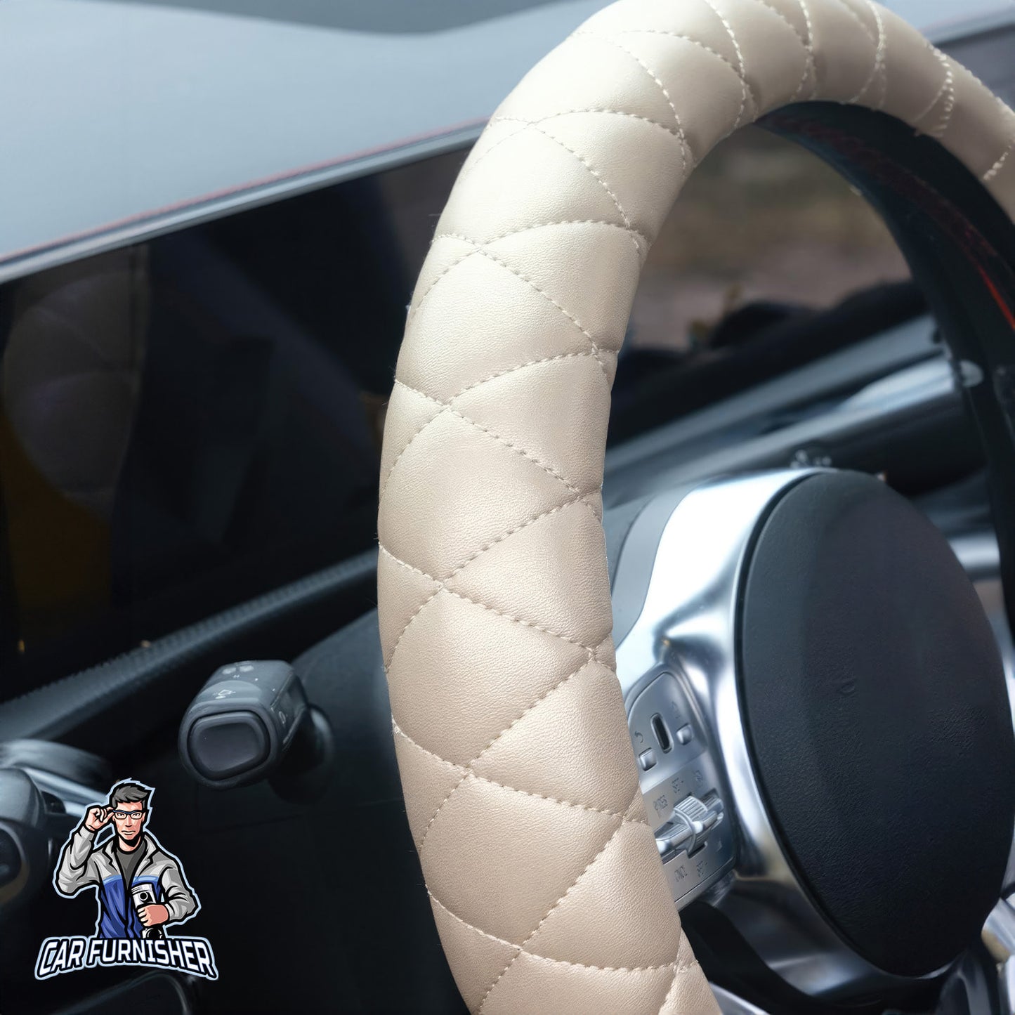 Steering Wheel Cover - Quilted Leather Beige Leather