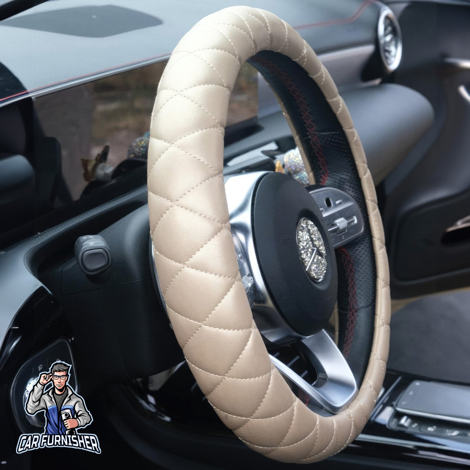 Steering Wheel Cover - Quilted Leather Beige Leather