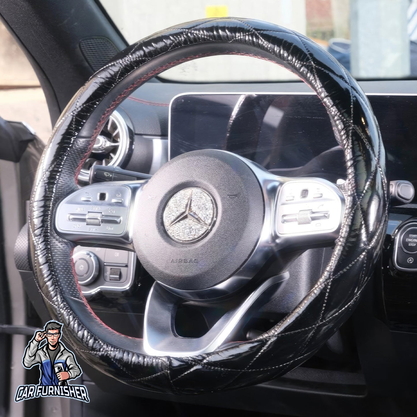 Steering Wheel Cover - Patent Leather Quilted Black Leather